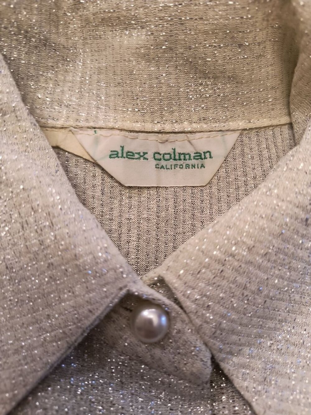 Vintage Alex Colman Silver Metallic Button-Up Blouse With Pearl Buttons - Picture 6 of 6